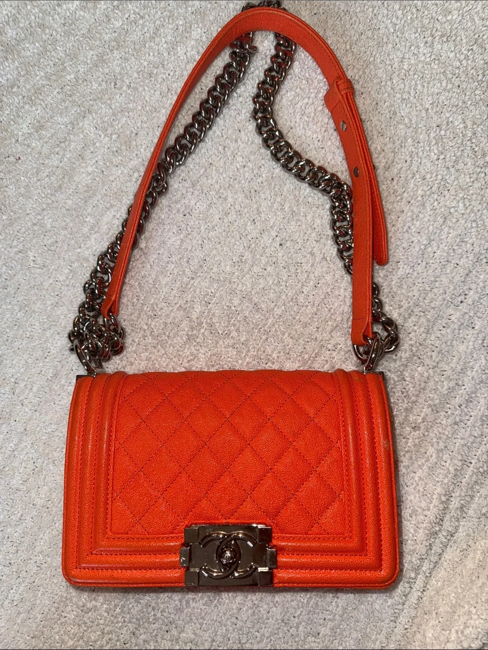 CHANEL Orange Quilted Boy Bag with Silver Chain